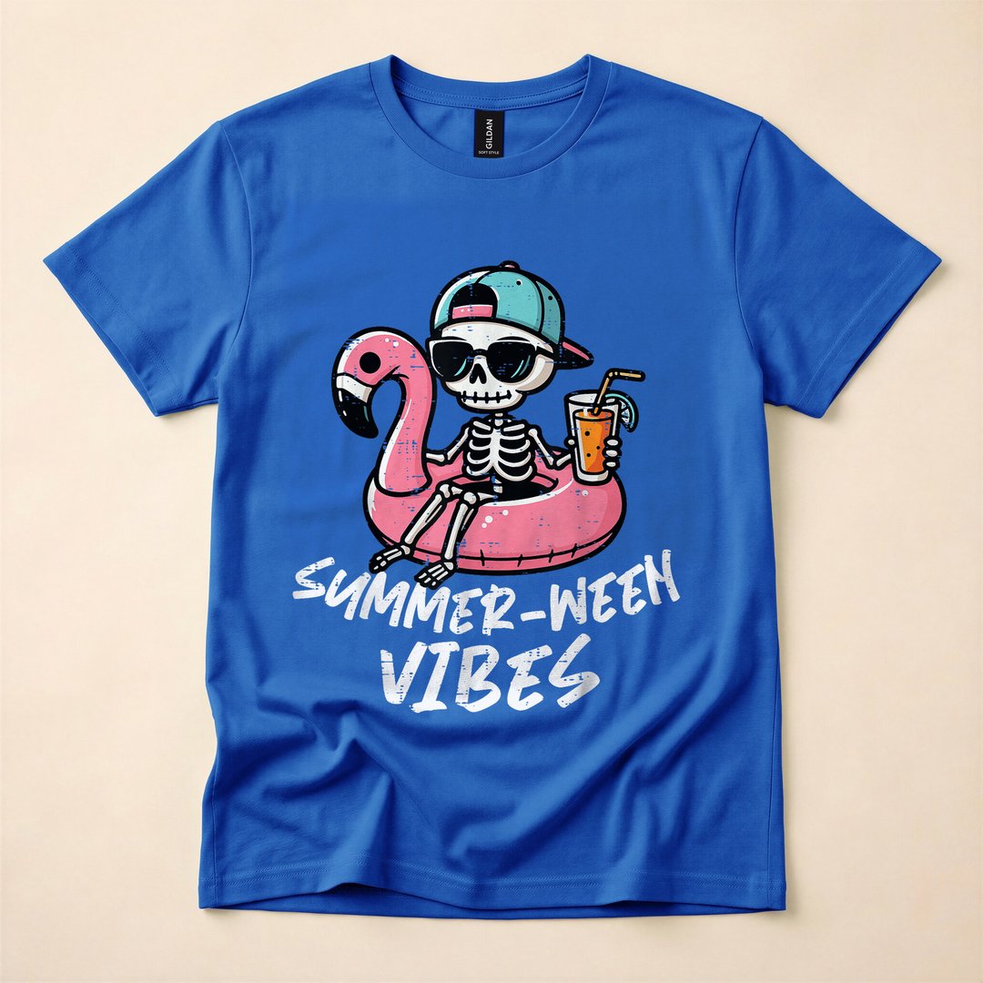 Summer-Ween Skeleton Pool Float Funny Halloween T-Shirt - photo 3
