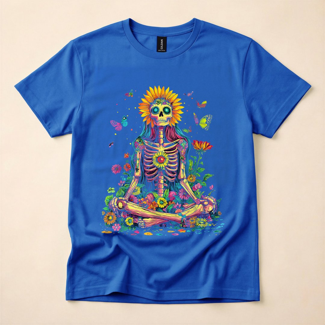 Trippy Sunflower Skeleton Psychedelic Hippie T-Shirt - photo 3