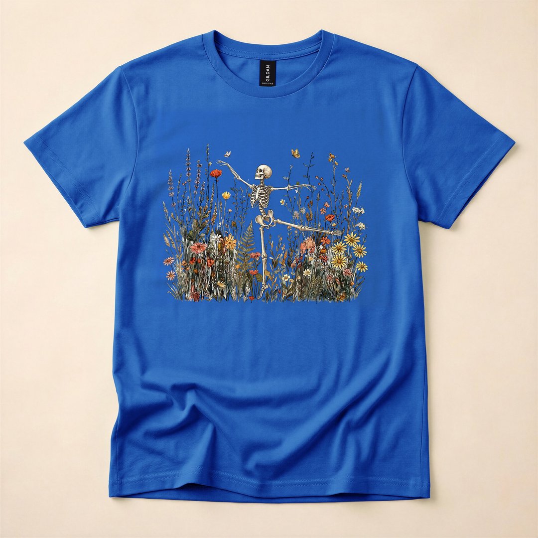 Dancing Skeleton with Wildflowers Cottagecore Halloween T-Shirt - photo 3