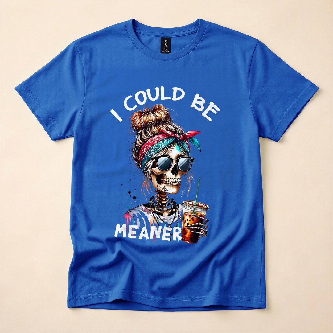 I Could Be Meaner Messy Bun Coffee Skeleton Halloween T-Shirt - photo 3