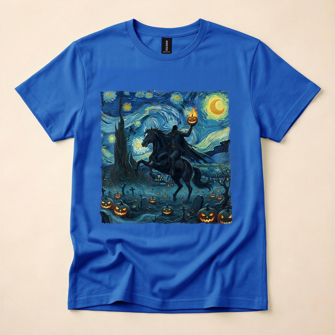Headless Horseman Pumpkin Starry Night Halloween T-Shirt - photo 3