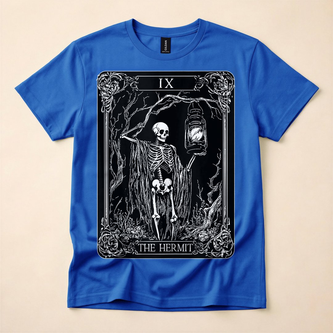 Skeleton The Hermit Tarot Card Gothic Halloween T-Shirt - photo 3