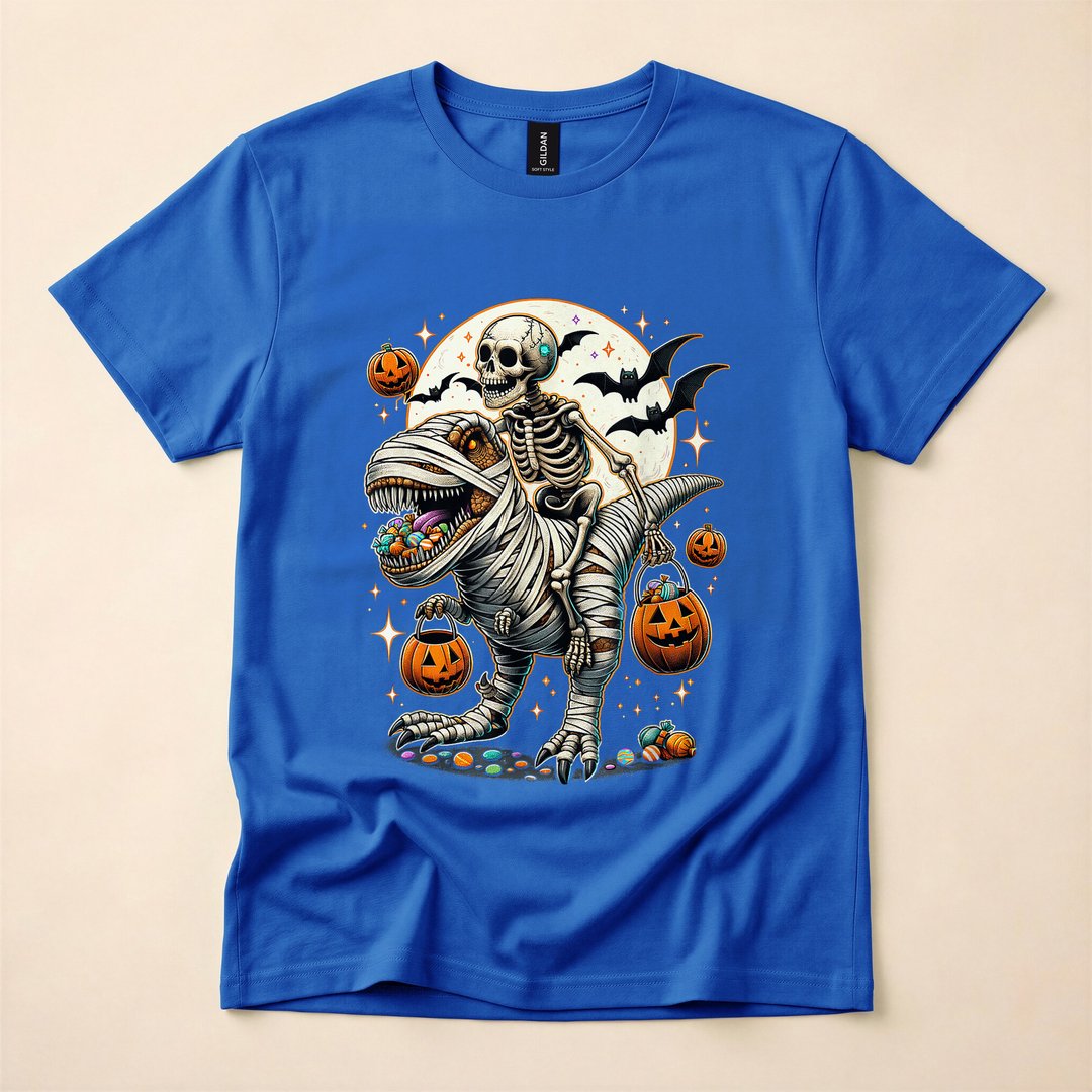 Skeleton Riding a Mummy T-Rex Funny Halloween T-Shirt - photo 3