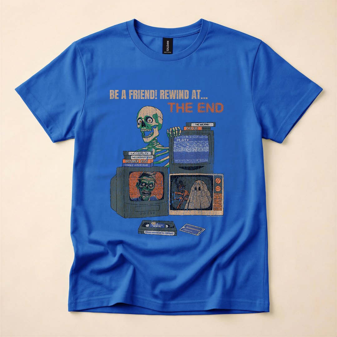 Blockbuster Rewind Horror Movie Skeleton Vintage Halloween T-Shirt - photo 3