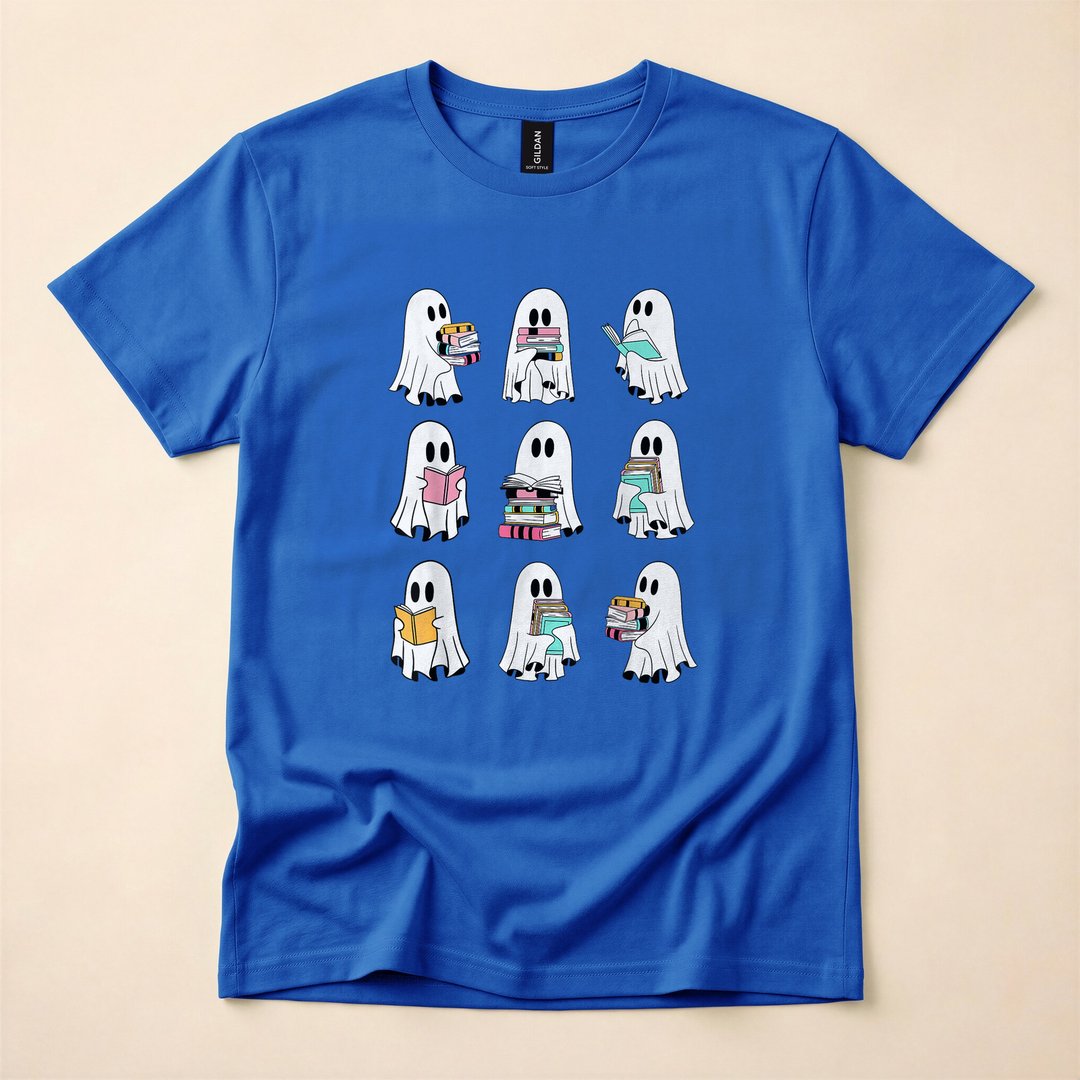 Retro Groovy Ghost Reading Books Spooky Reader T-Shirt - photo 3