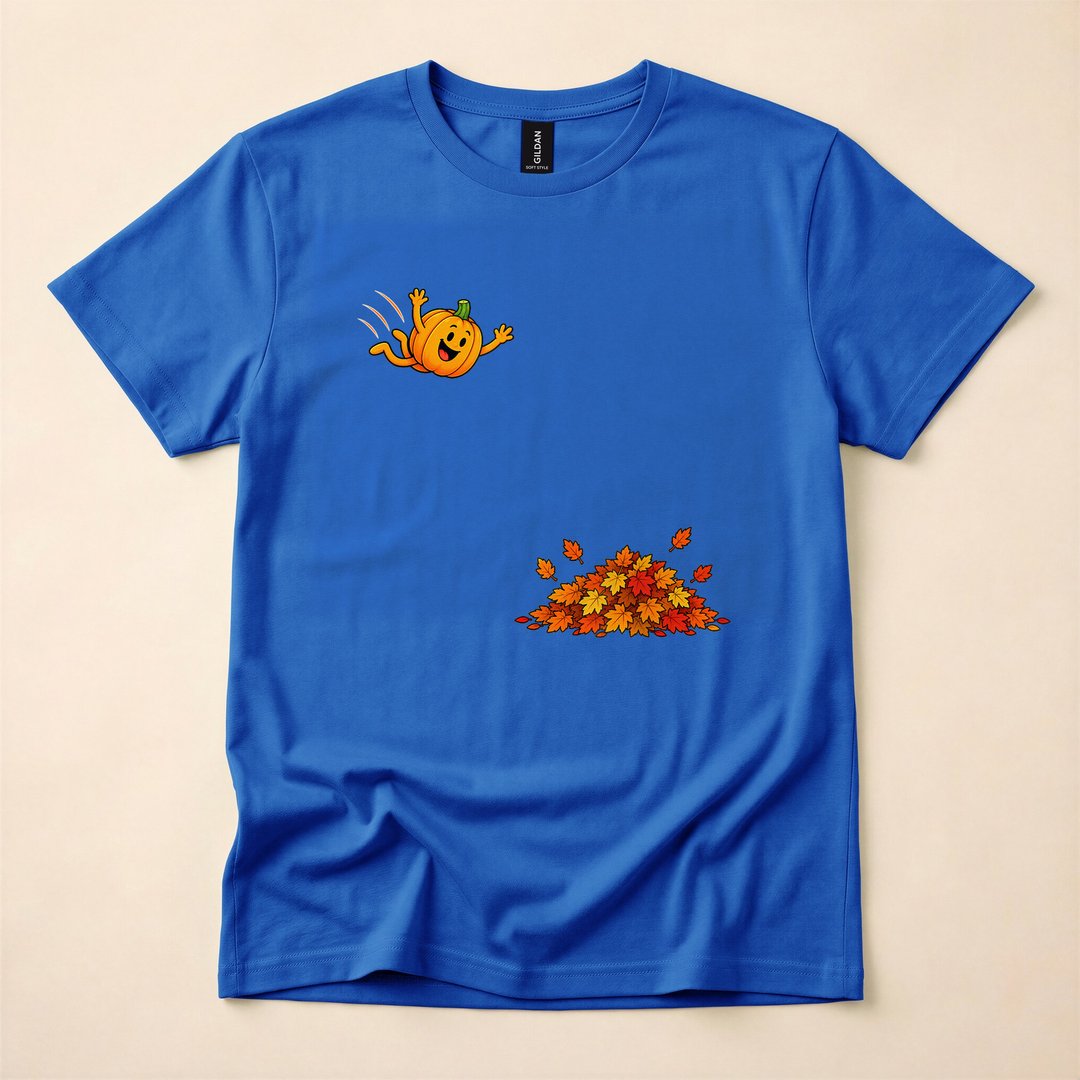 Cute Pumpkin Jumping Into Fall Leaves Autumn T-Shirt - photo 3