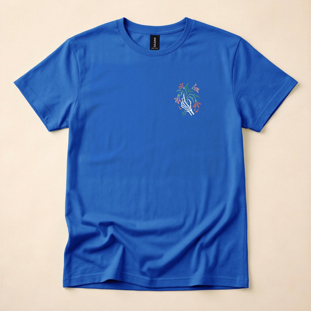 Skeleton Hand Holding Dead Flower Bouquet T-Shirt - photo 3