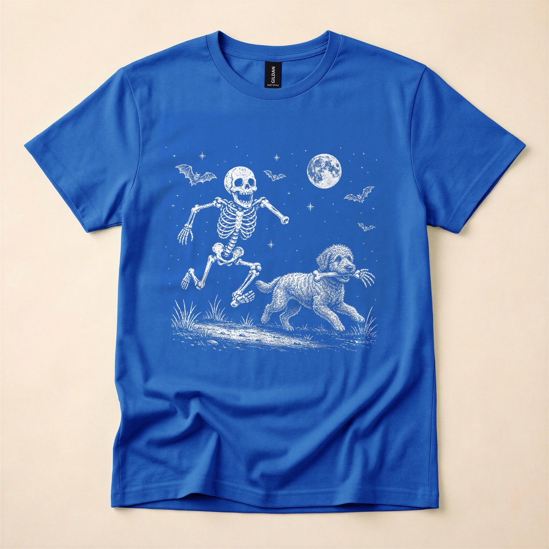 Funny Skeleton Chasing Goldendoodle Halloween Dog T-Shirt - photo 3