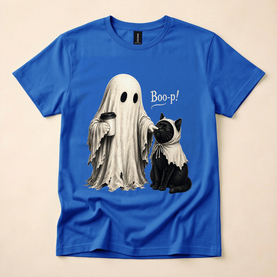 Adorable Vintage Ghost Boo-ping a Black Cat Halloween T-Shirt - photo 3