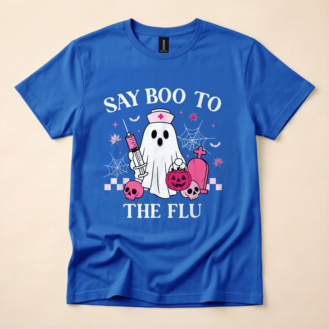 Say Boo to the Flu Funny Nurse Ghost Halloween T-Shirt - photo 3