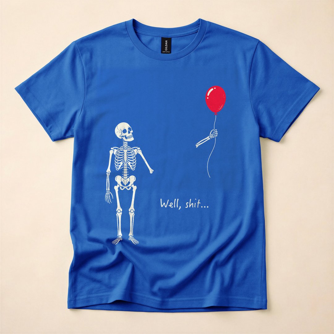 Skeleton With Lost Balloon Well Shit Funny Halloween T-Shirt - photo 3