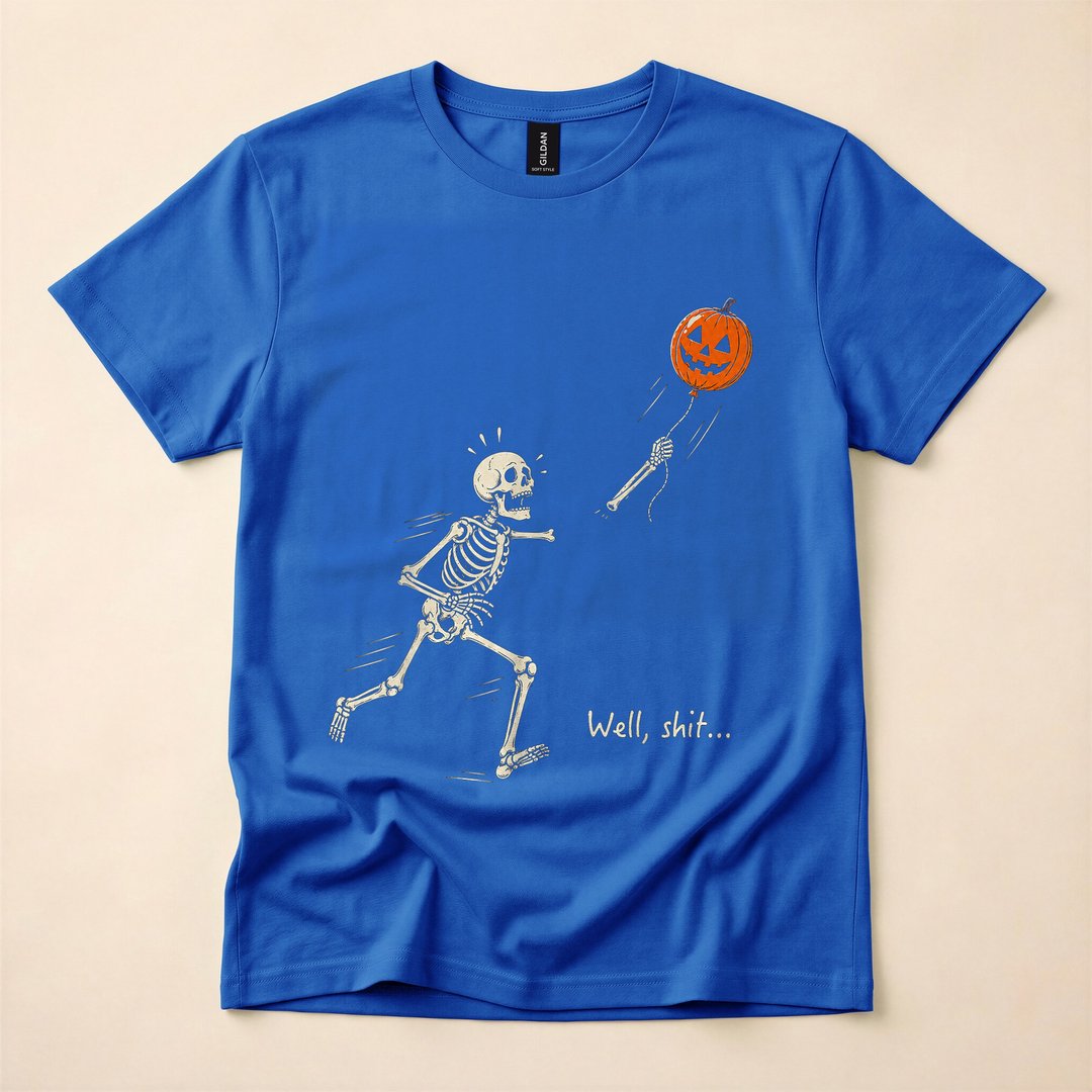Skeleton Chasing a Lost Balloon Retro Halloween T-Shirt - photo 3
