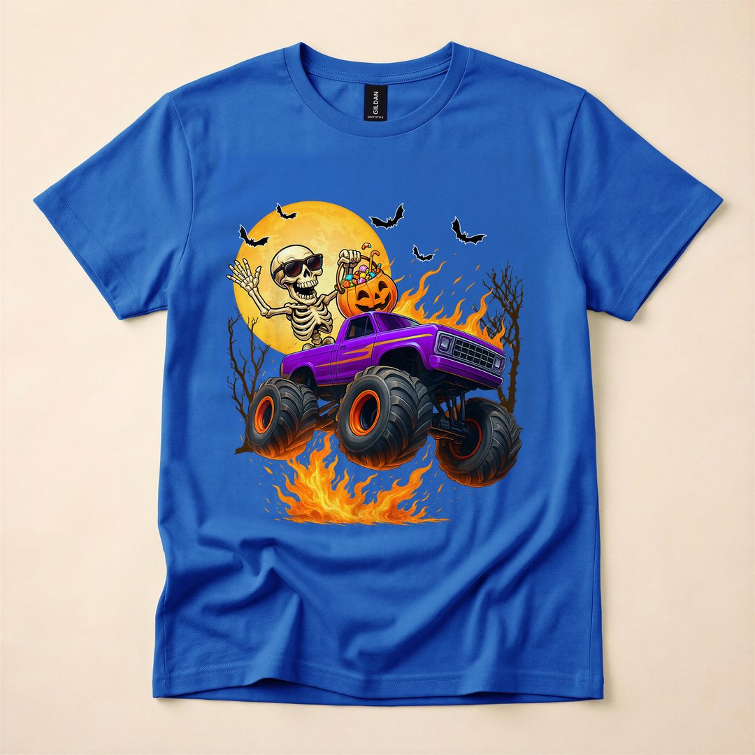 Skeleton Riding a Monster Truck Halloween T-Shirt - photo 3