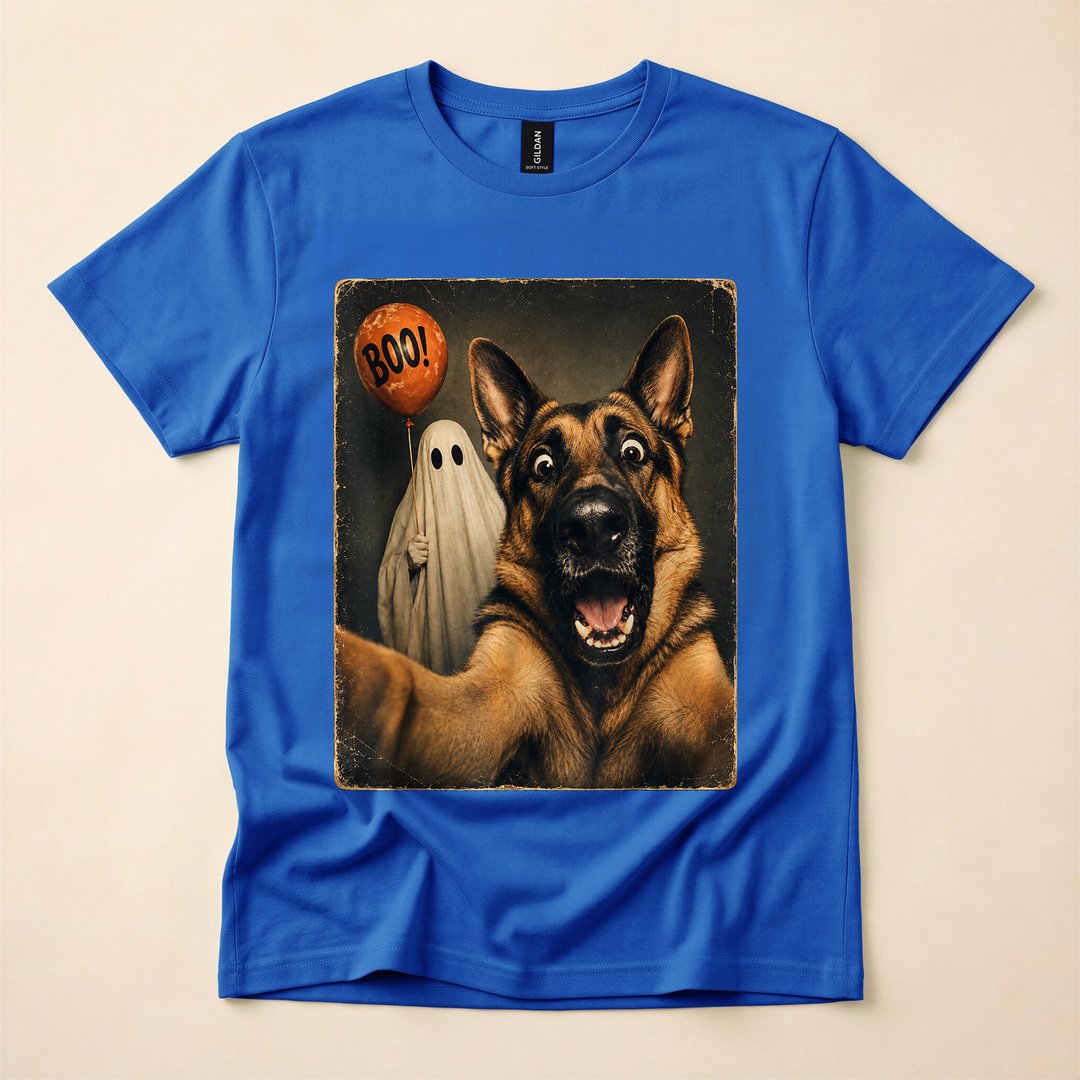 German Shepherd Ghost Selfie Boo Halloween Dog T-Shirt - photo 3