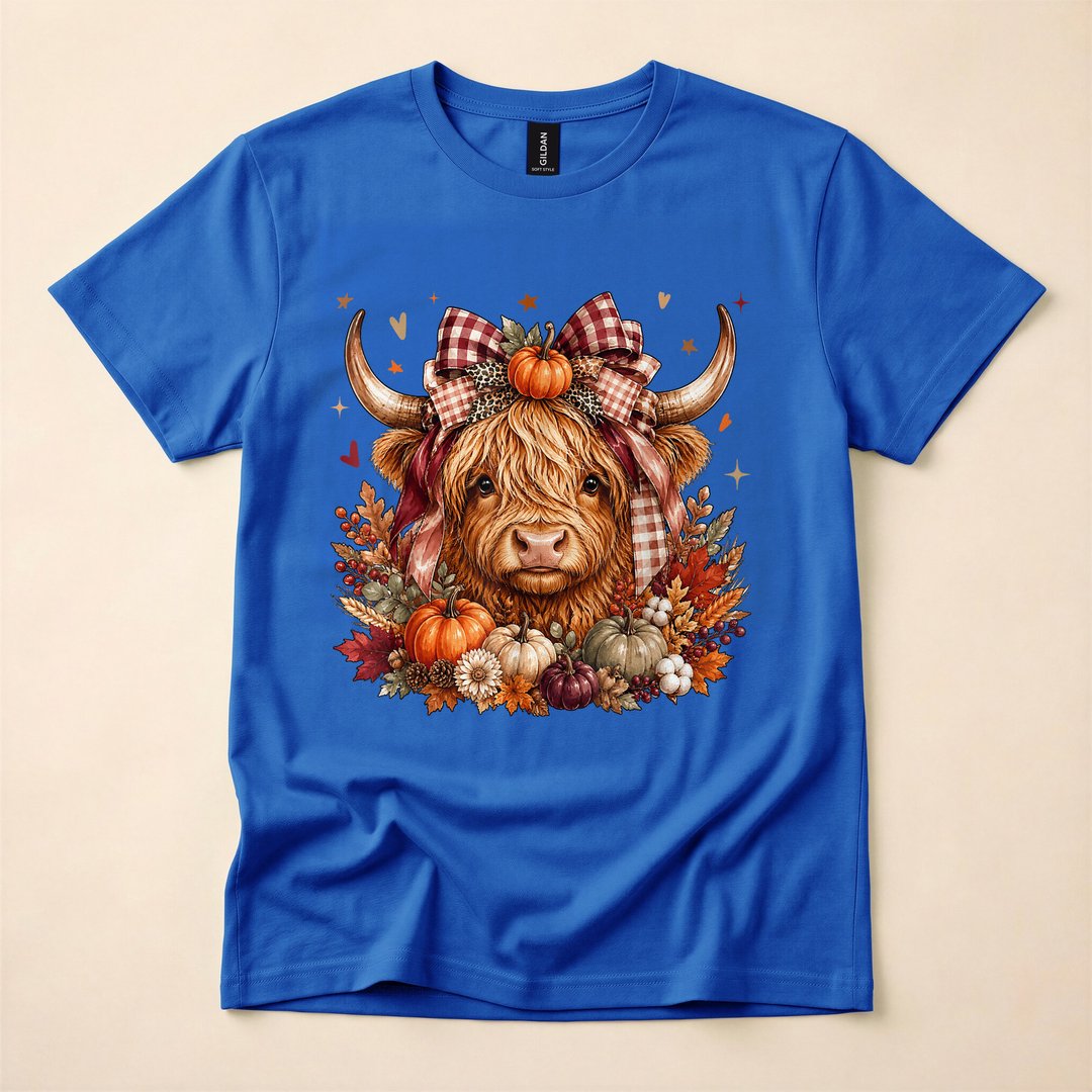 Highland Cow Pumpkin Coquette Bow Autumn Fall T-Shirt - photo 3