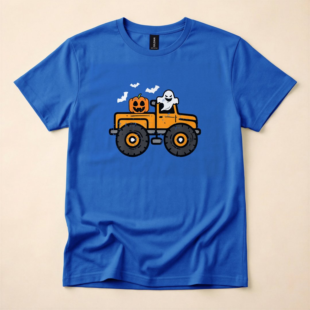Monster Truck Ghost and Pumpkin Halloween Kids T-Shirt - photo 3