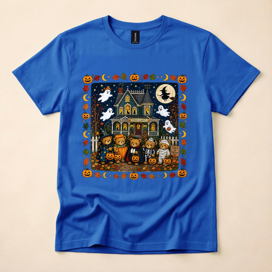 Cute Halloween Teddy Bears Haunted House Scene T-Shirt - photo 3