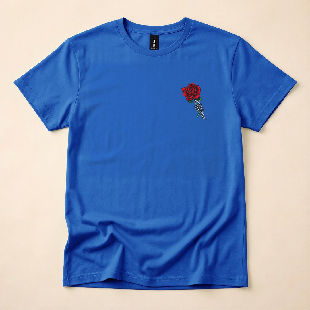 Skeleton Hand Holding a Red Rose Gothic T-Shirt - photo 3