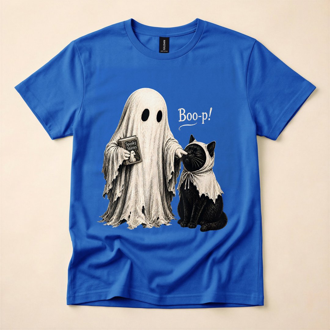 Vintage Halloween Ghost Black Cat and Spellbook T-Shirt - photo 3