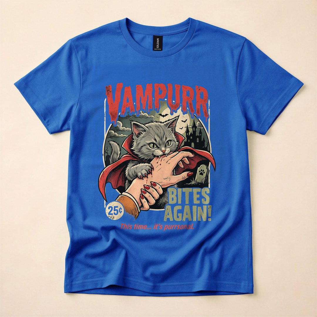 Vampurr Bites Again Vintage Vampire Cat Halloween T-Shirt - photo 3