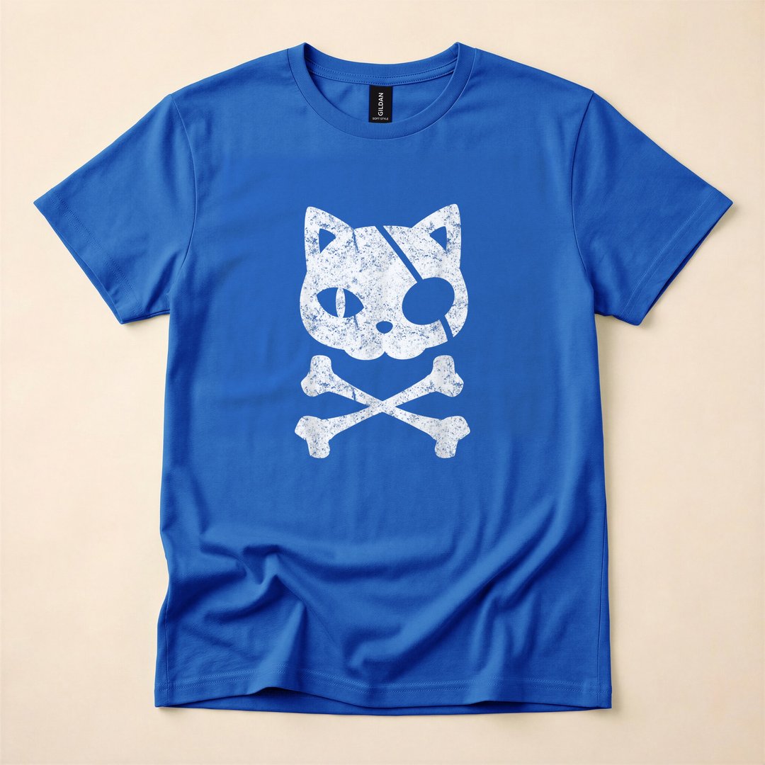 Vintage Pirate Cat Skull and Crossbones Halloween T-Shirt - photo 3