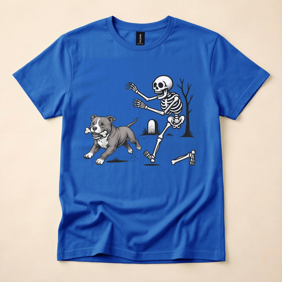 Skeleton Chasing a Pitbull Funny Halloween Dog T-Shirt - photo 4