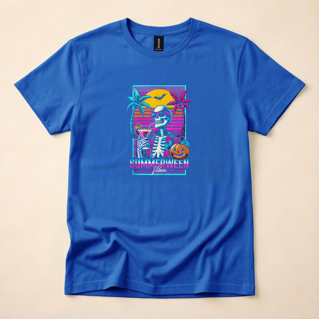 Summerween Beach Party Skeleton Vaporwave T-Shirt - photo 4