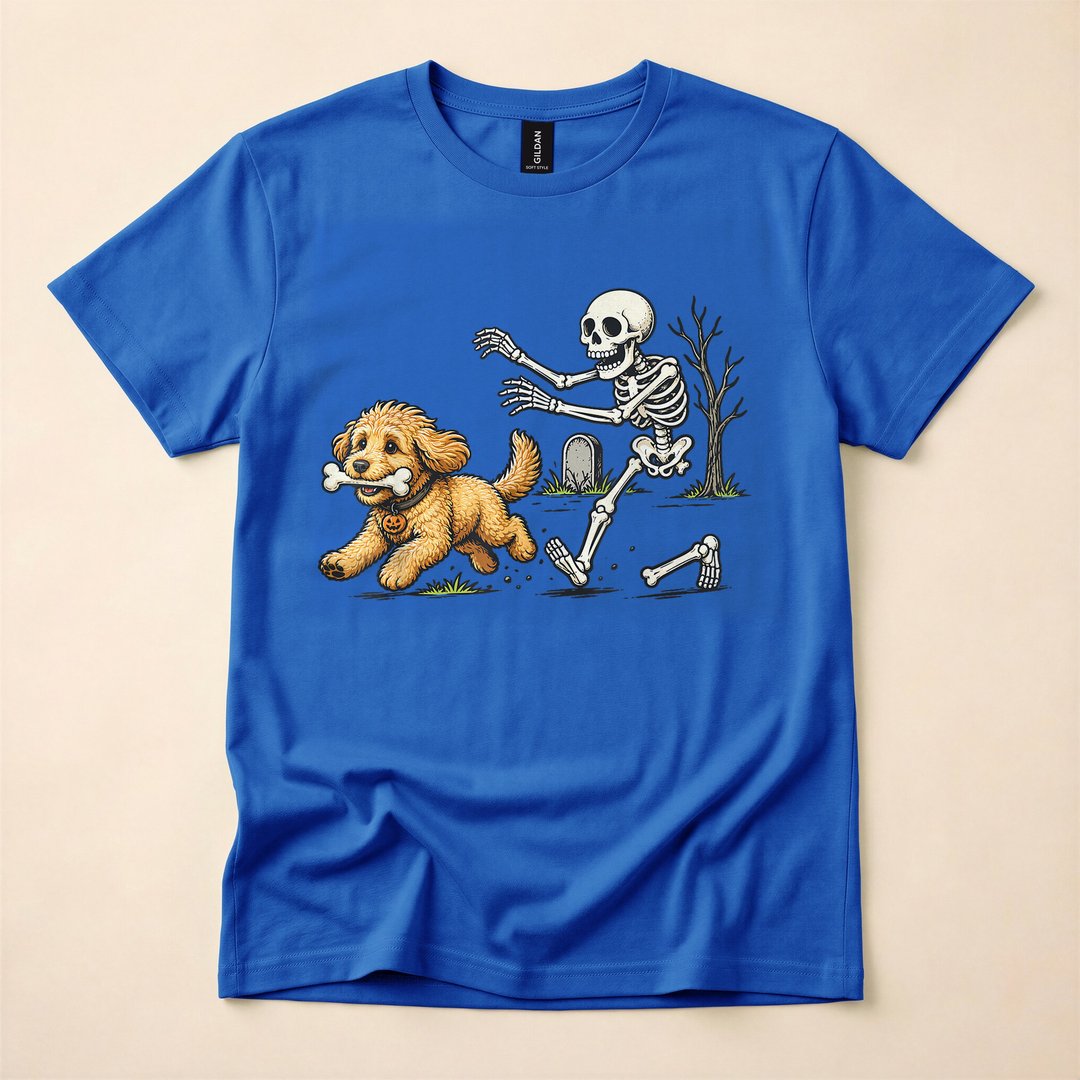 Goldendoodle Stealing a Skeleton's Bone Halloween T-Shirt - photo 3