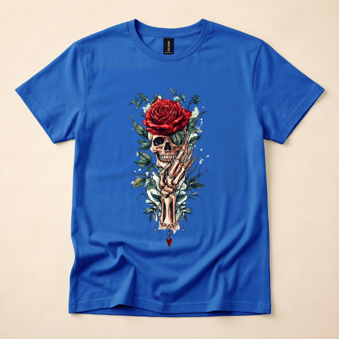 Skeleton Hand Holding Red Rose Gothic T-Shirt - photo 3
