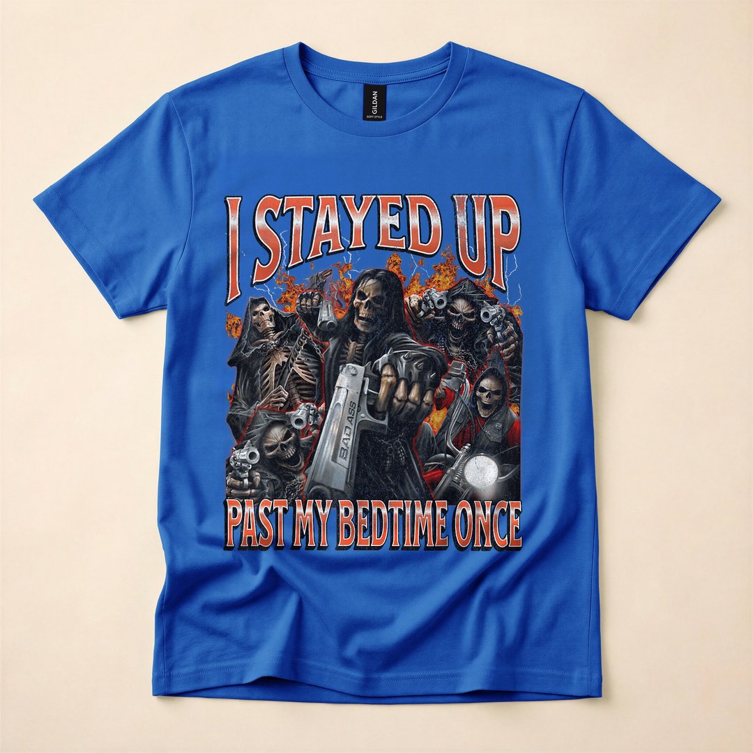 I Stayed Up Past My Bedtime Funny Skeleton Meme T-Shirt - photo 3