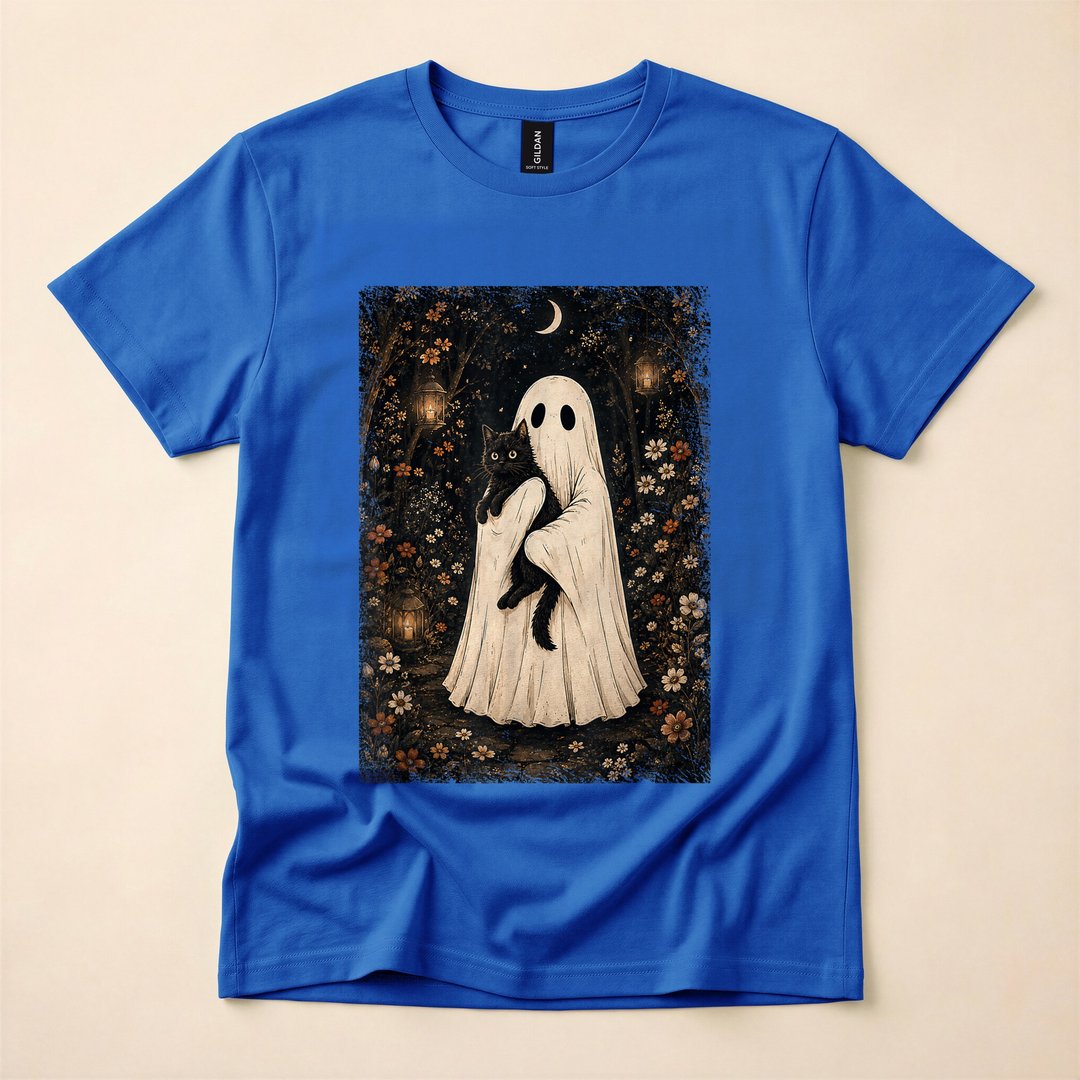 Cottagecore Ghost Holding a Black Cat Halloween T-Shirt - photo 3