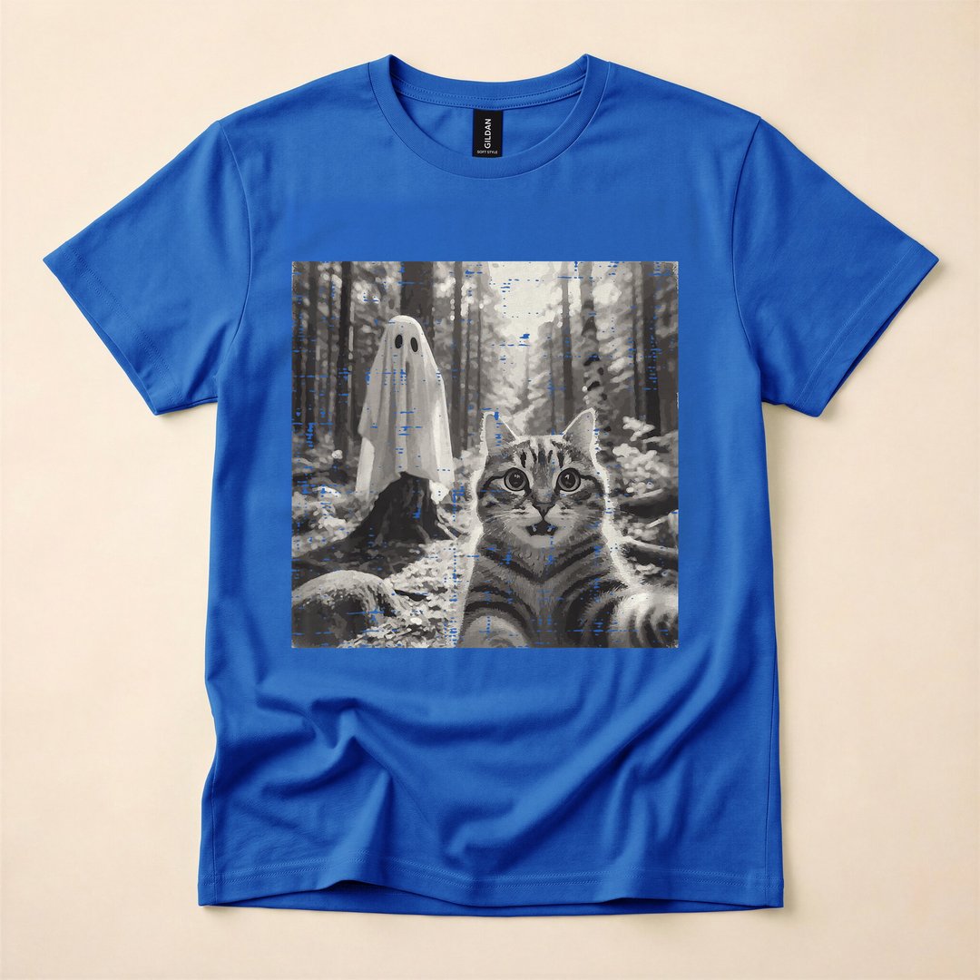 Halloween Tabby Cat in Ghost Sheet Costume Selfie T-Shirt - photo 3