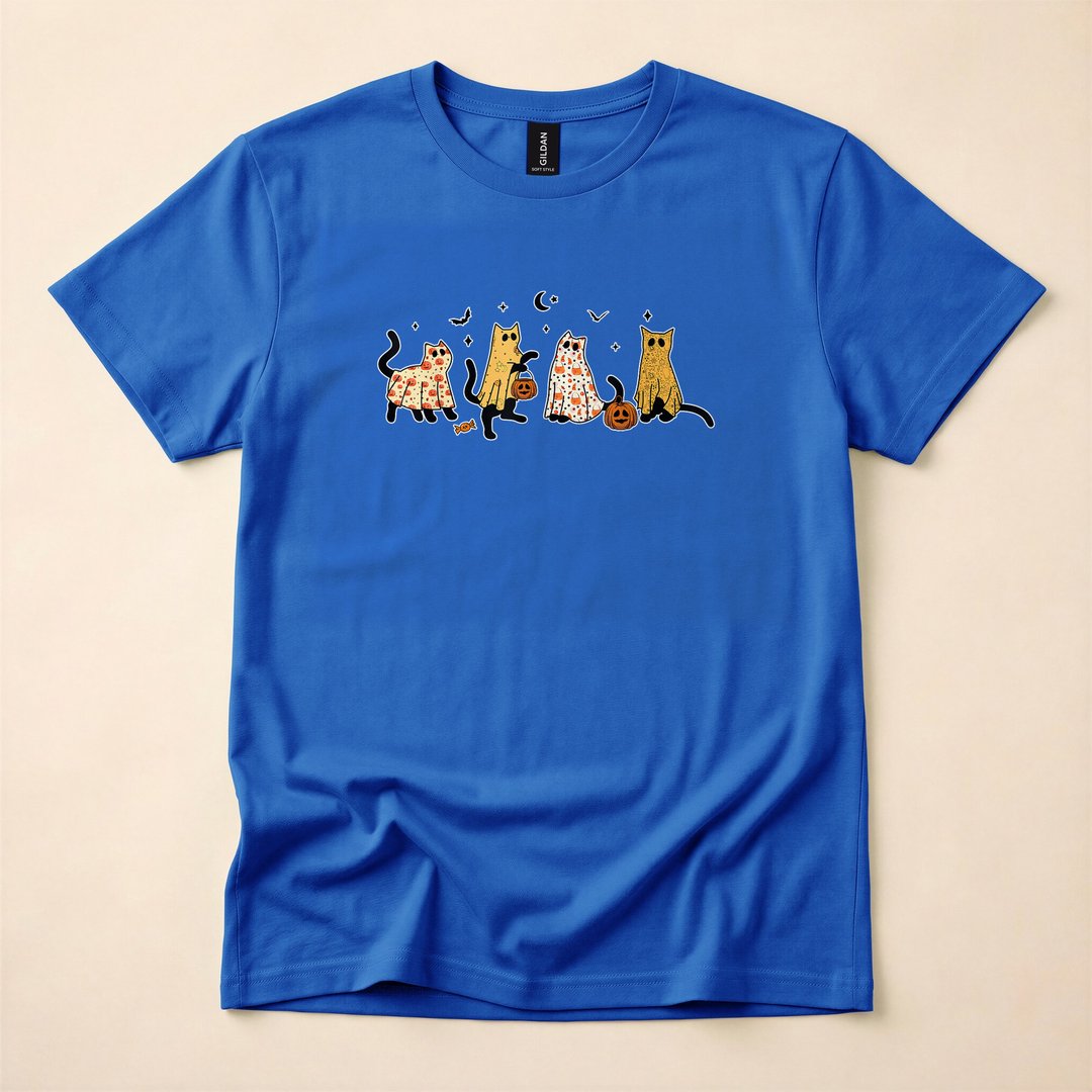 Cute Black Cats in Ghost Costumes Halloween T-Shirt - photo 3