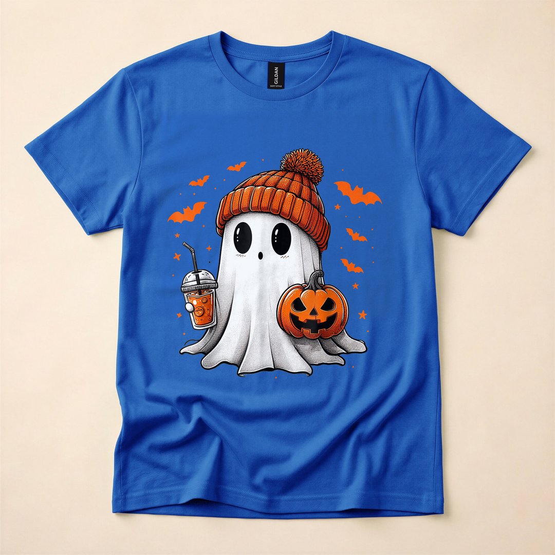 Cute Ghost Drinking Iced Coffee Halloween T-Shirt - photo 3