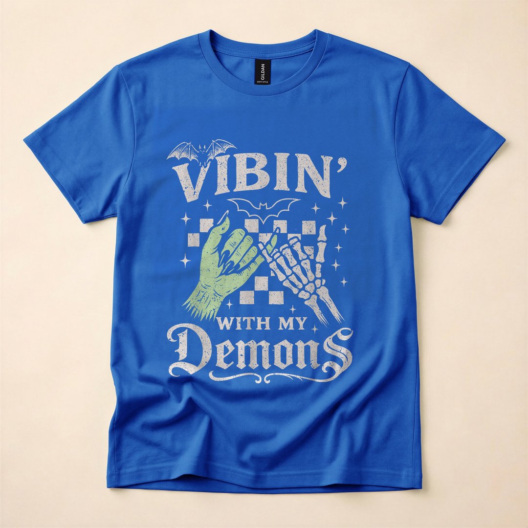 Vibin With My Demons Funny Retro Skeleton Halloween T-Shirt - photo 3