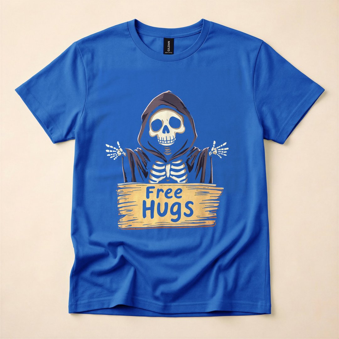 Free Hugs Cartoon Skeleton Funny Halloween T-Shirt - photo 3