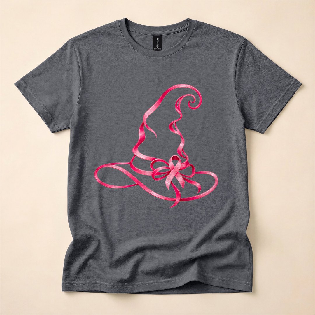 Pink Ribbon Witch Hat Breast Cancer Awareness T-Shirt - photo 4