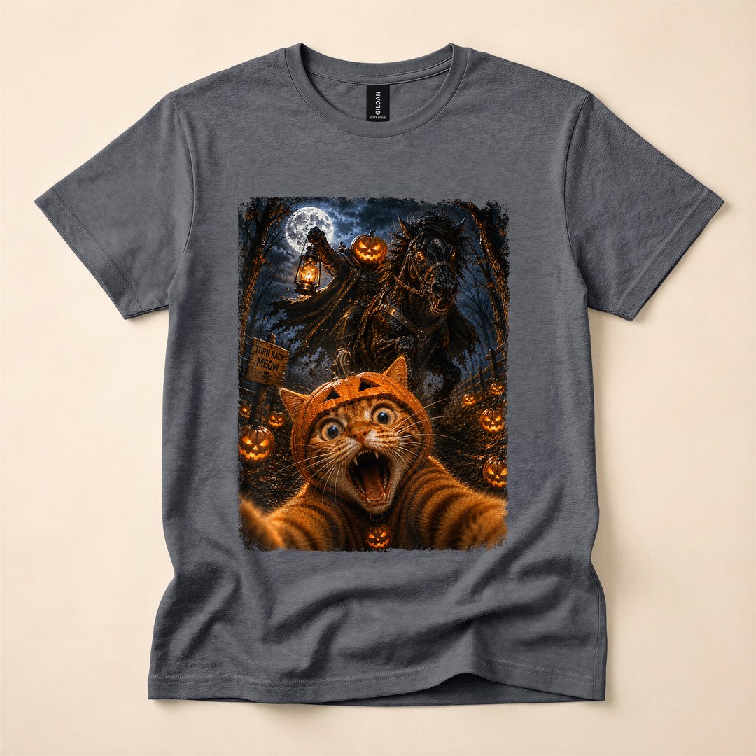 Headless Horseman Cat Selfie Pumpkins Moonlit Halloween T-Shirt - photo 4