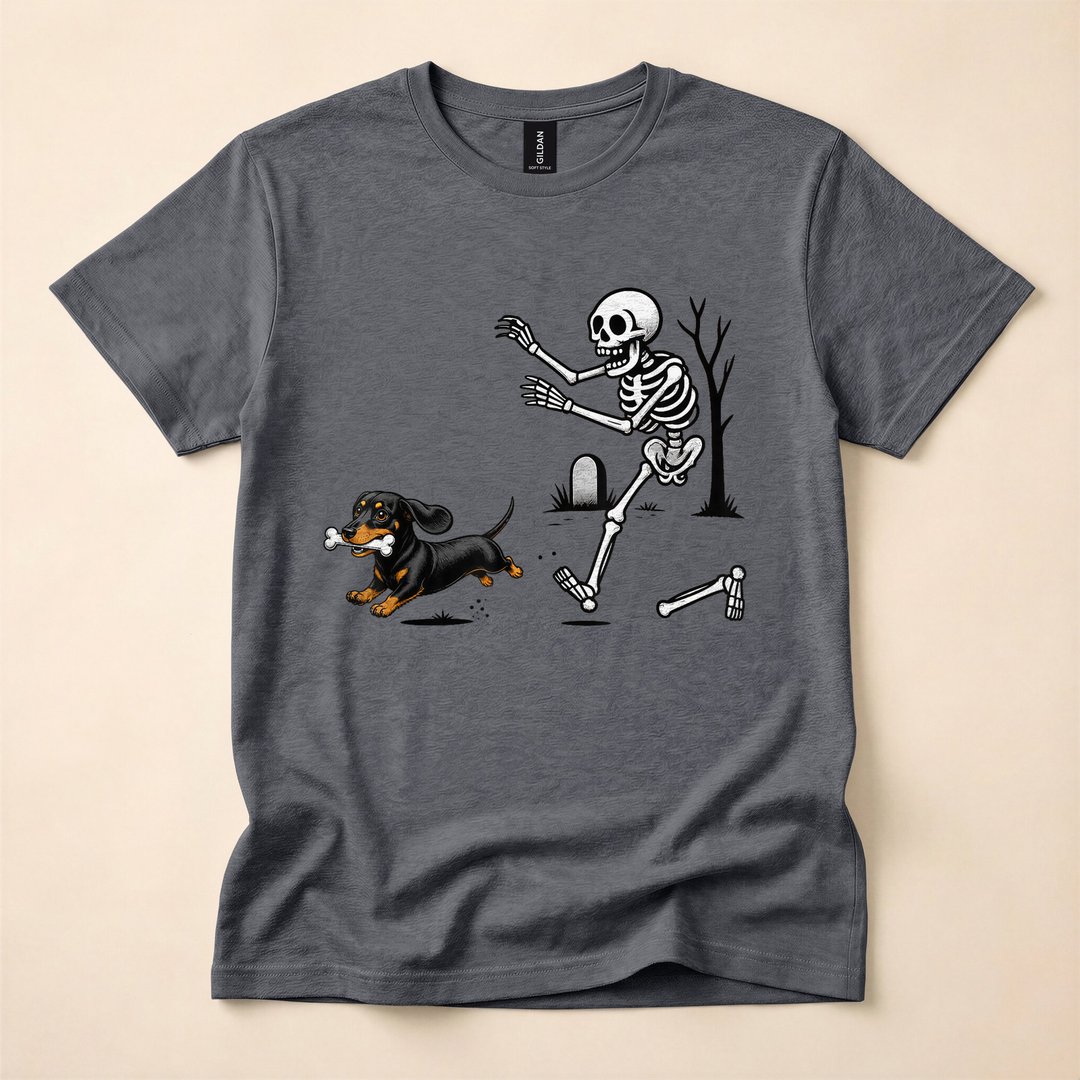 Funny Dachshund Skeleton Chasing a Bone Halloween T-Shirt - photo 5