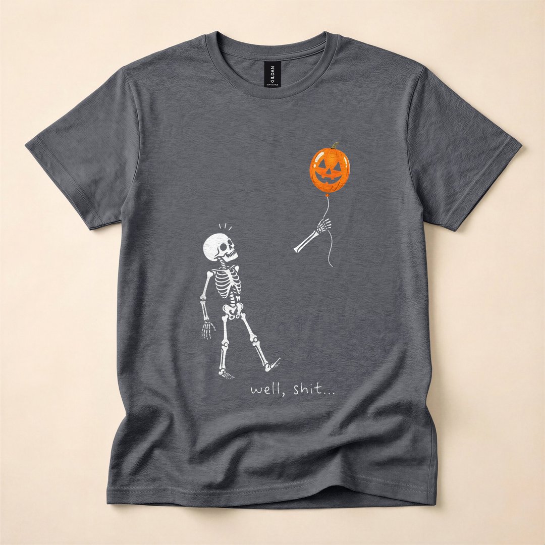 Gothic Skeleton Holding a Pumpkin Balloon Halloween T-Shirt - photo 4