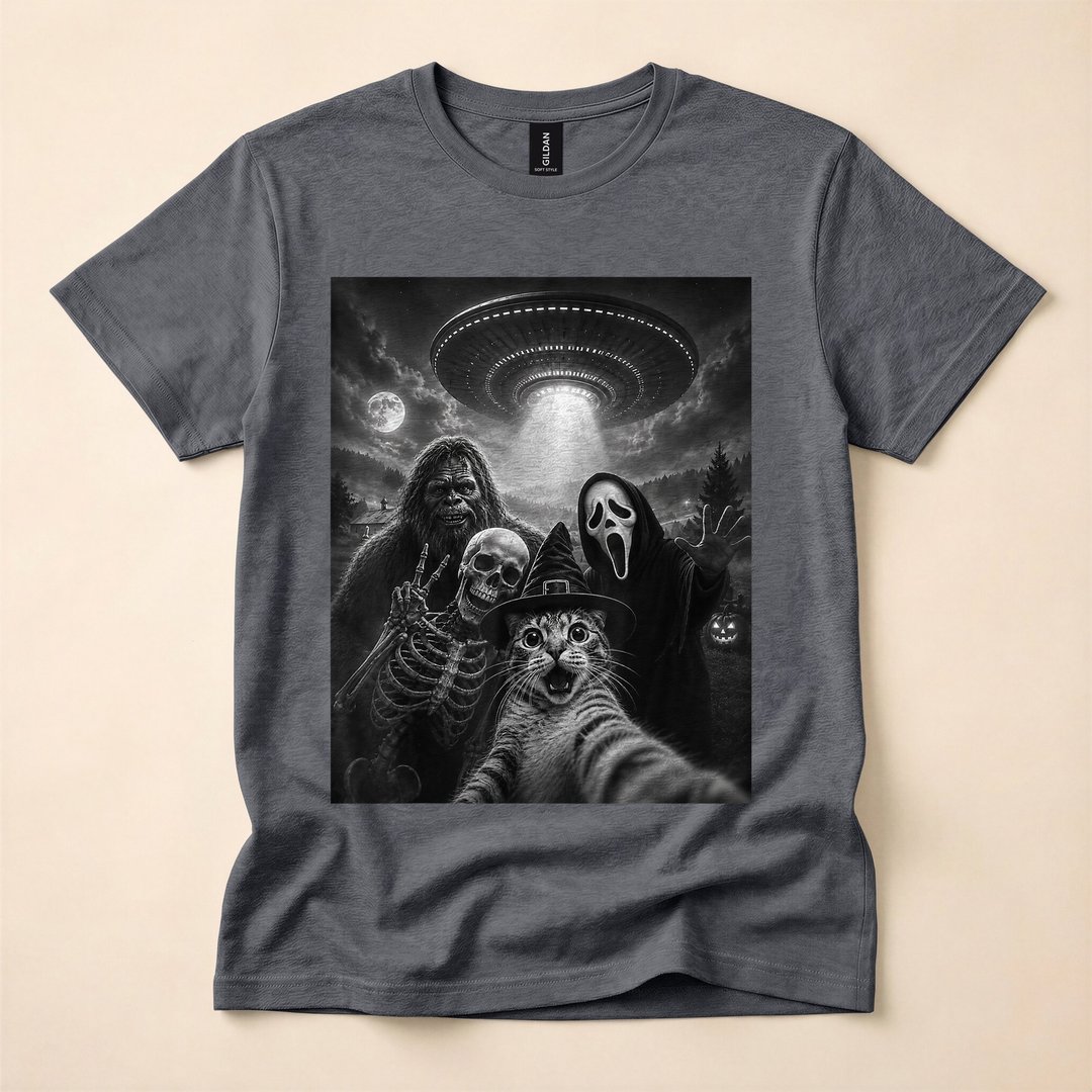 Cat Selfie with Bigfoot Alien UFO and Ghost Spooky Mashup T-Shirt - photo 4
