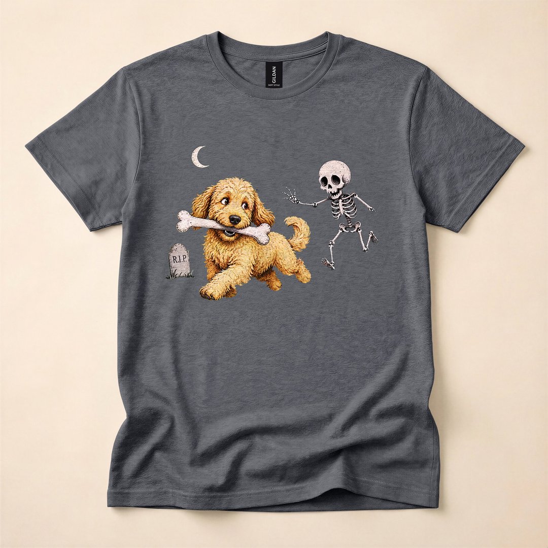 Goldendoodle Stealing a Skeleton Bone Funny Halloween T-Shirt - photo 4