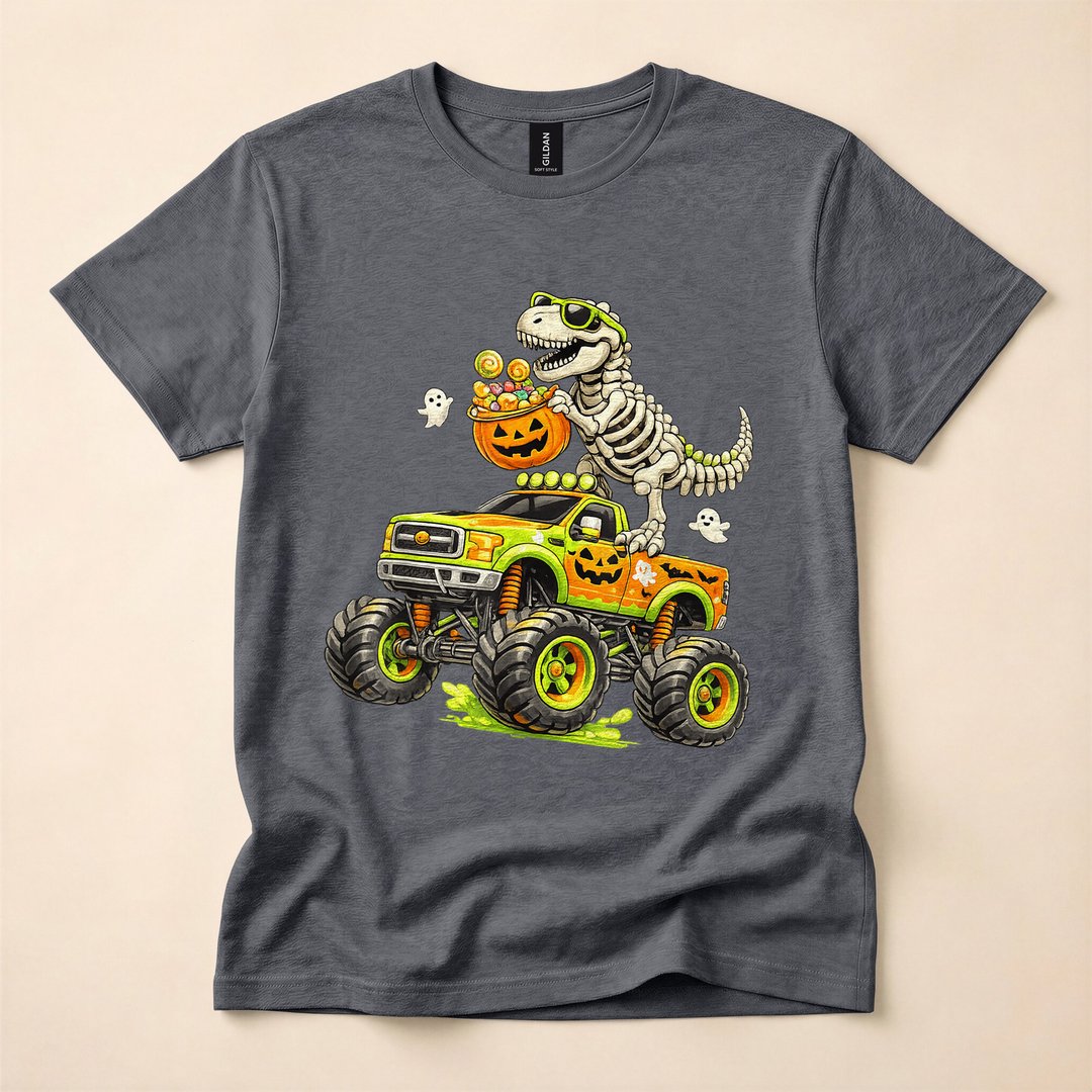 Monster Truck Dinosaur Skeleton T-Rex Boys Halloween T-Shirt - photo 4