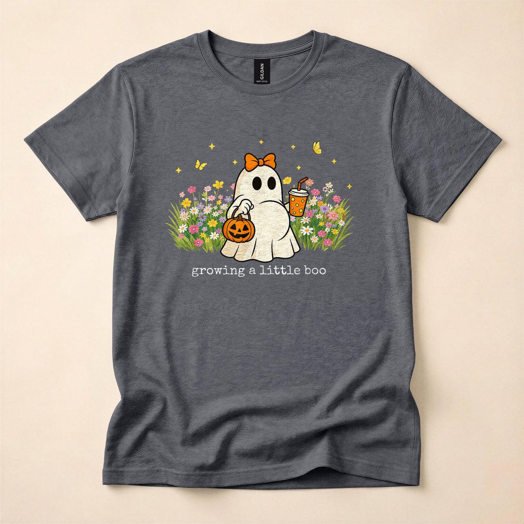 Growing A Little Boo Floral Ghost Pregnancy Halloween T-Shirt - photo 4