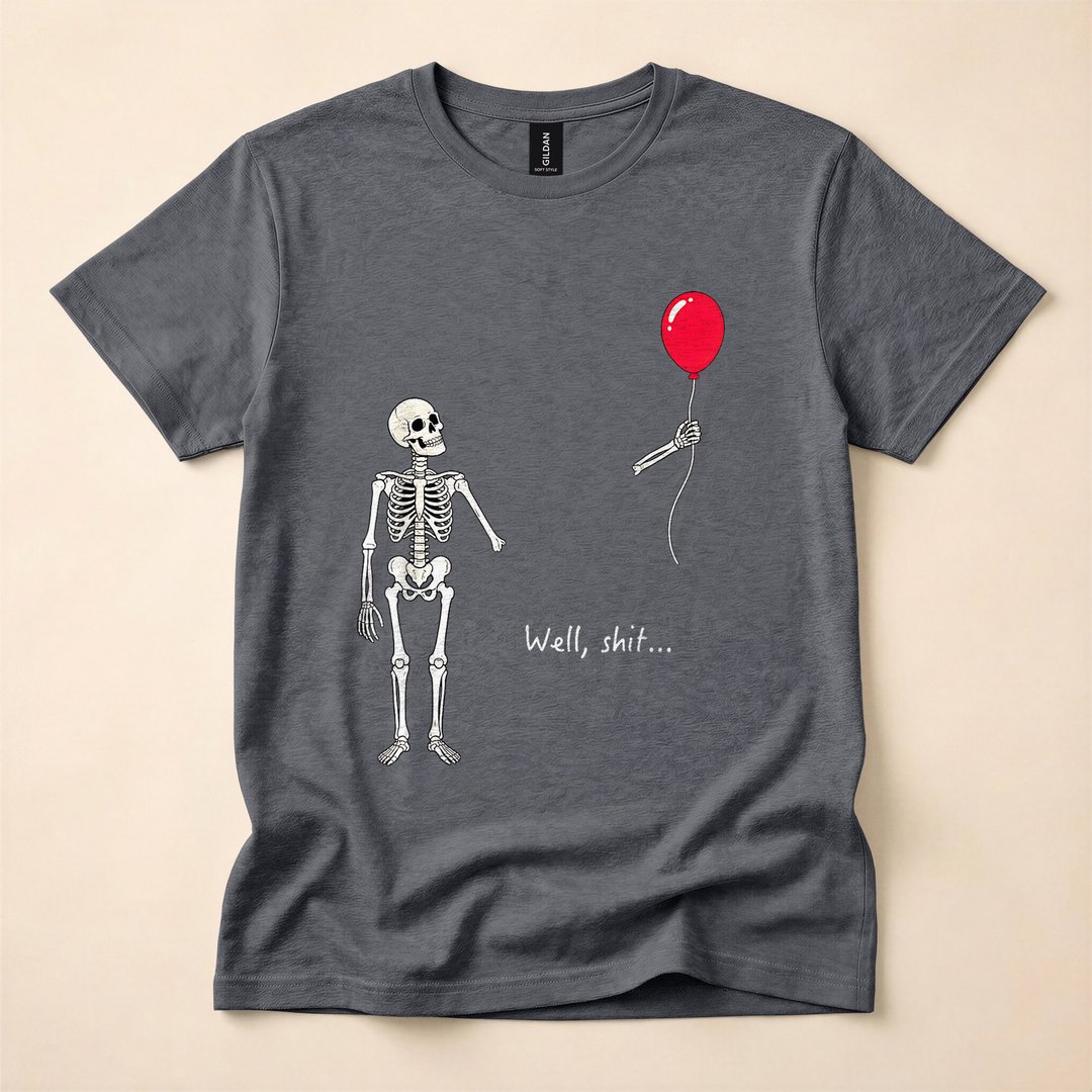 Skeleton Lost Balloon Well Shit Funny Halloween T-Shirt - photo 4