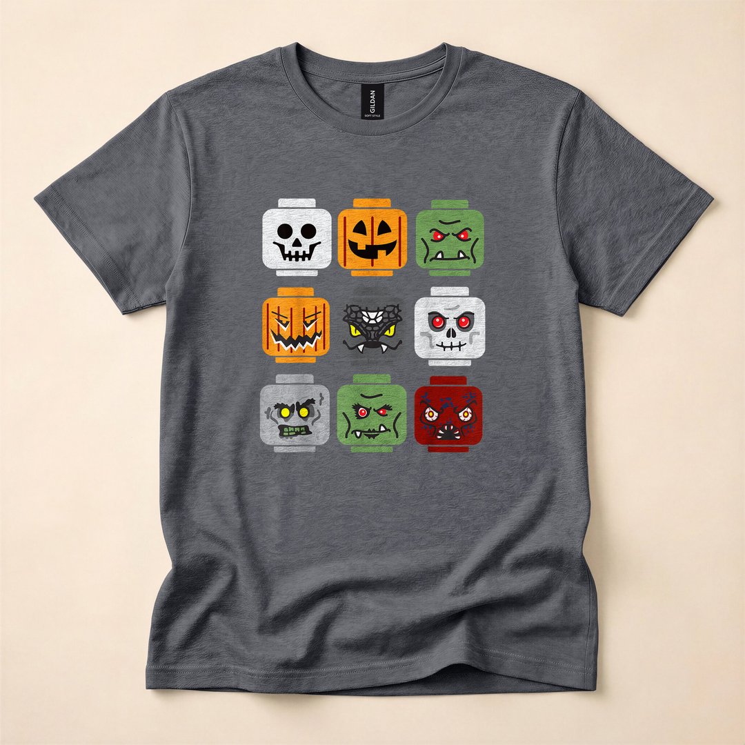 Halloween Brick Head Pumpkin Ghost Zombie Crew T-Shirt - photo 4