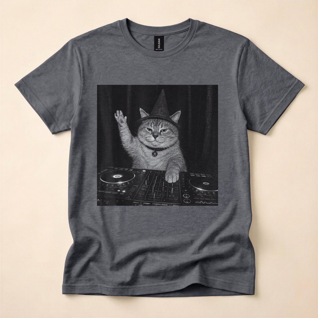 Spooky Wizard DJ Cat Funny Halloween Meme T-Shirt - photo 4