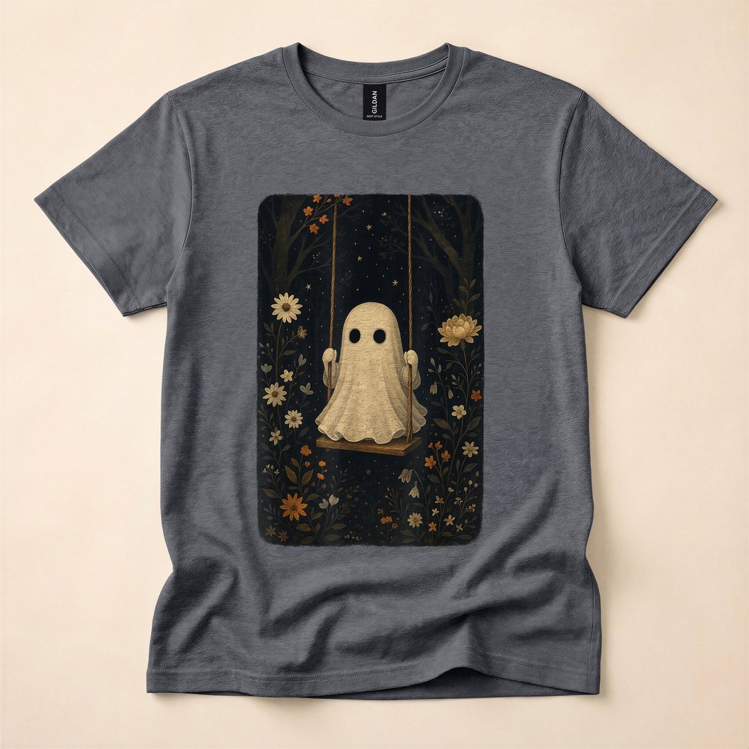 Cottagecore Ghost on a Floral Swing Halloween T-Shirt - photo 4