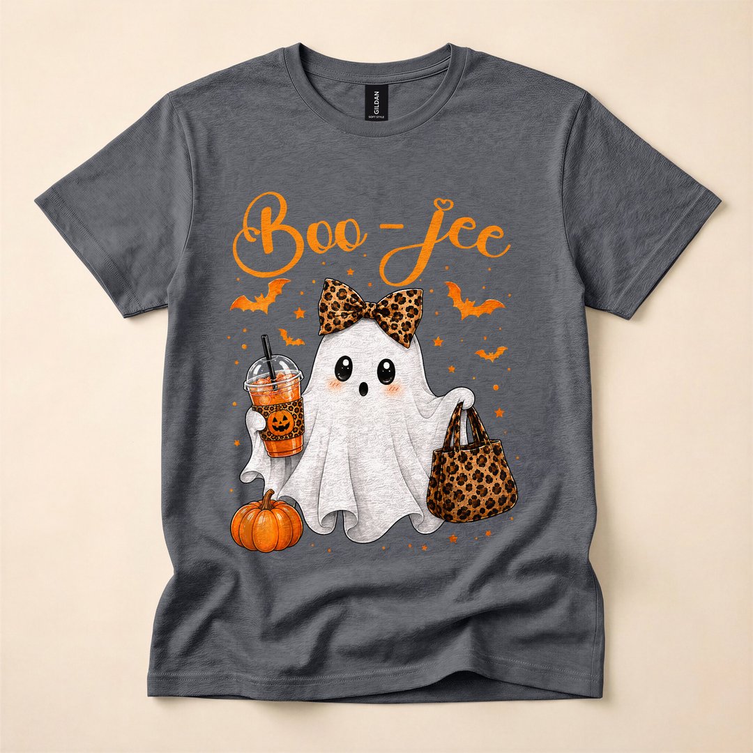 Boo-Jee Ghost and Pumpkin Leopard Coffee Halloween T-Shirt - photo 4