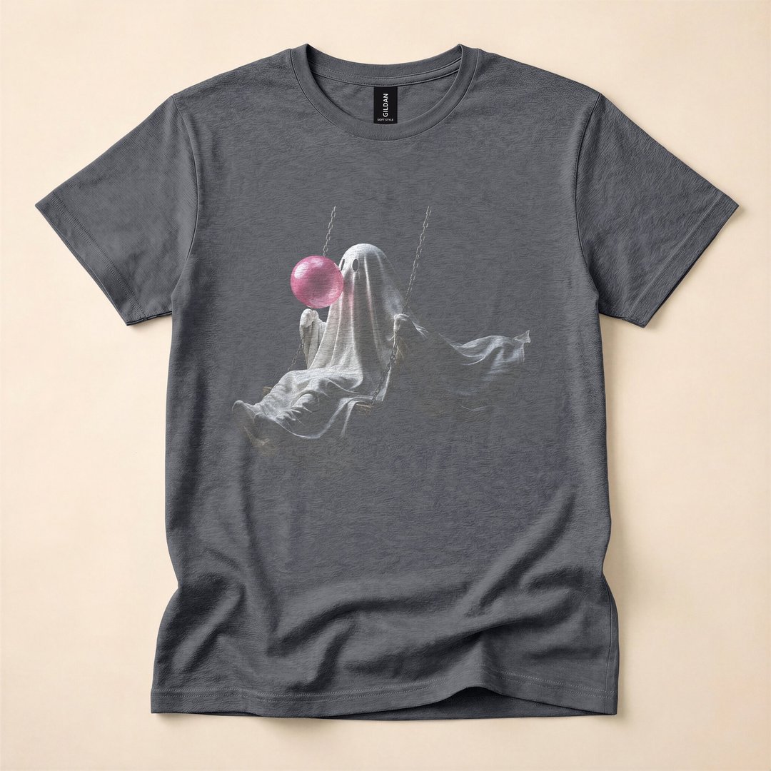Cute Ghost on a Swing Blowing Bubble Gum Halloween T-Shirt - photo 4